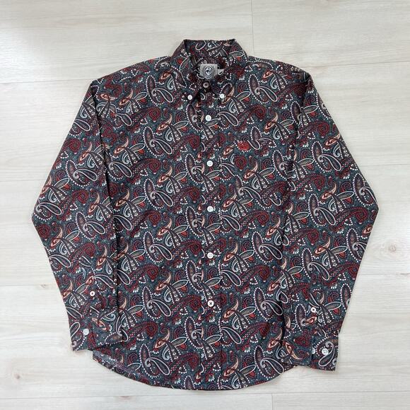Cinch Shirt Boys M 10 Button Down Western Long Sleeve Paisley Red Gray Logo - Picture 1 of 7